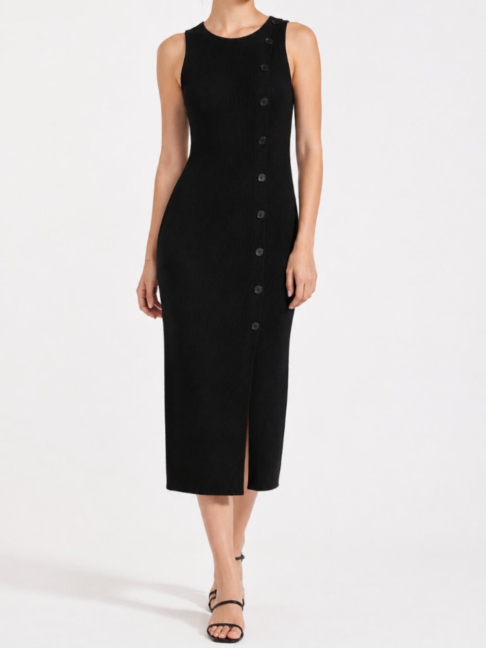 Retro Black Ribbed Midi Dress SMALL